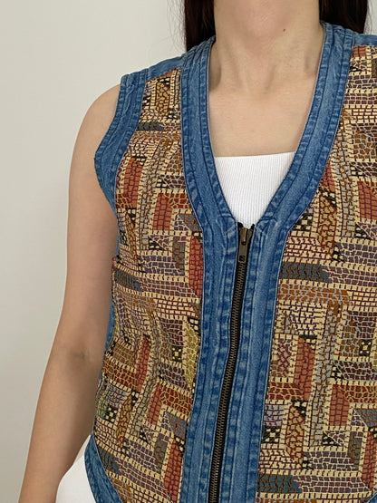 Vintage 90s New Direction Denim & Mosaic Tapestry Zip-Up Vest – M