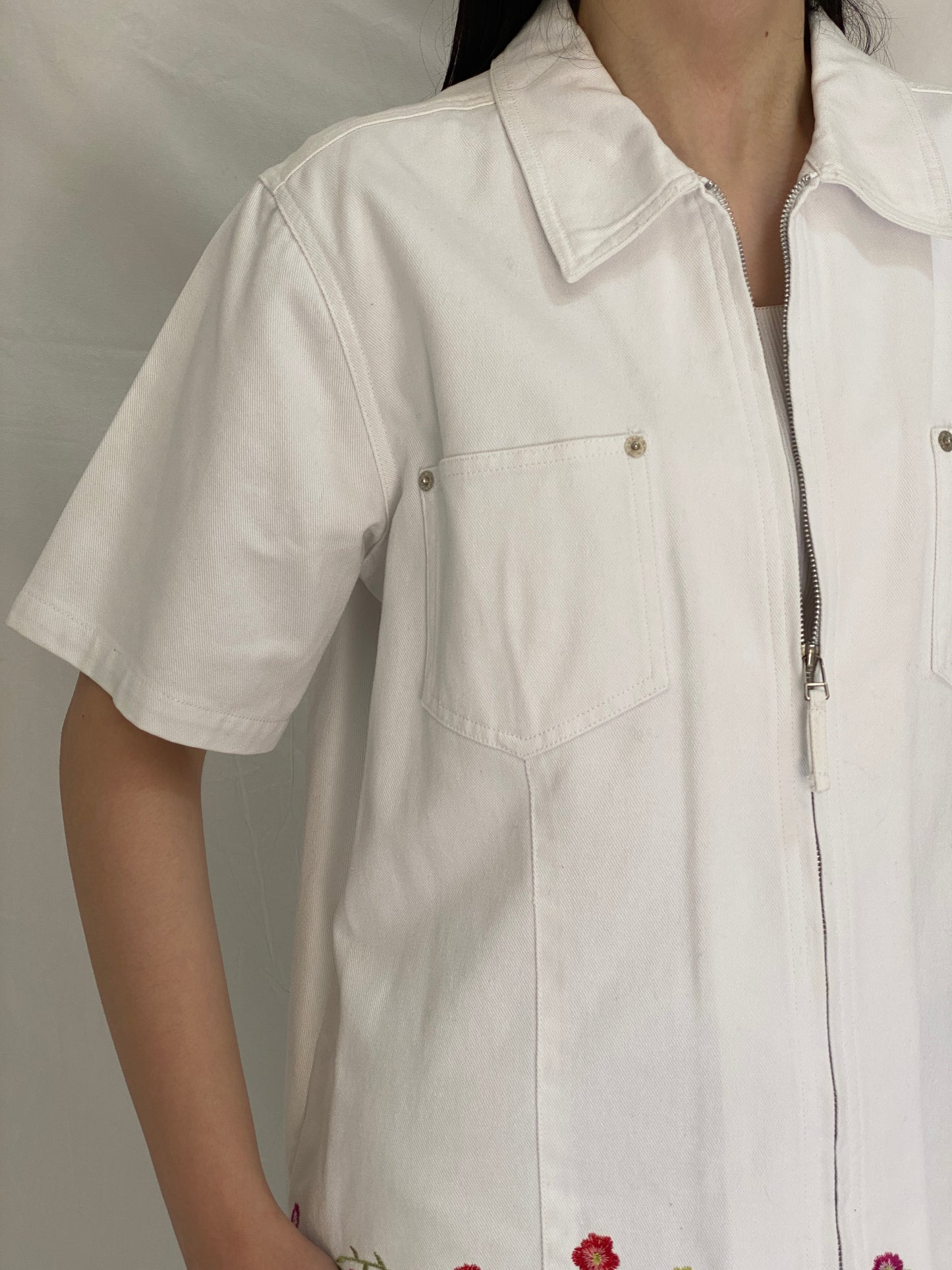 Vintage Denim & Co White Cotton Floral Embroidered Zip Shirt Jacket - L