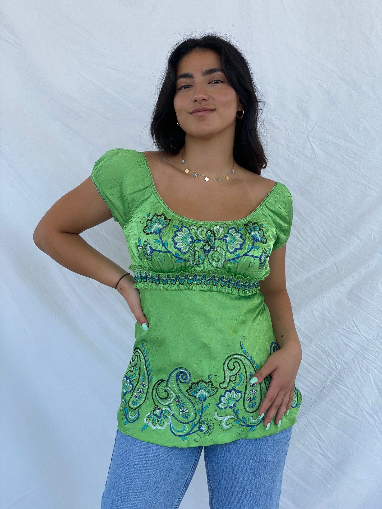 Y2K Scoop Neck Cottage Style Green Top - M - Balagan Vintage Sleeveless Top 00s, Lana, NEW IN, summer, Y2K