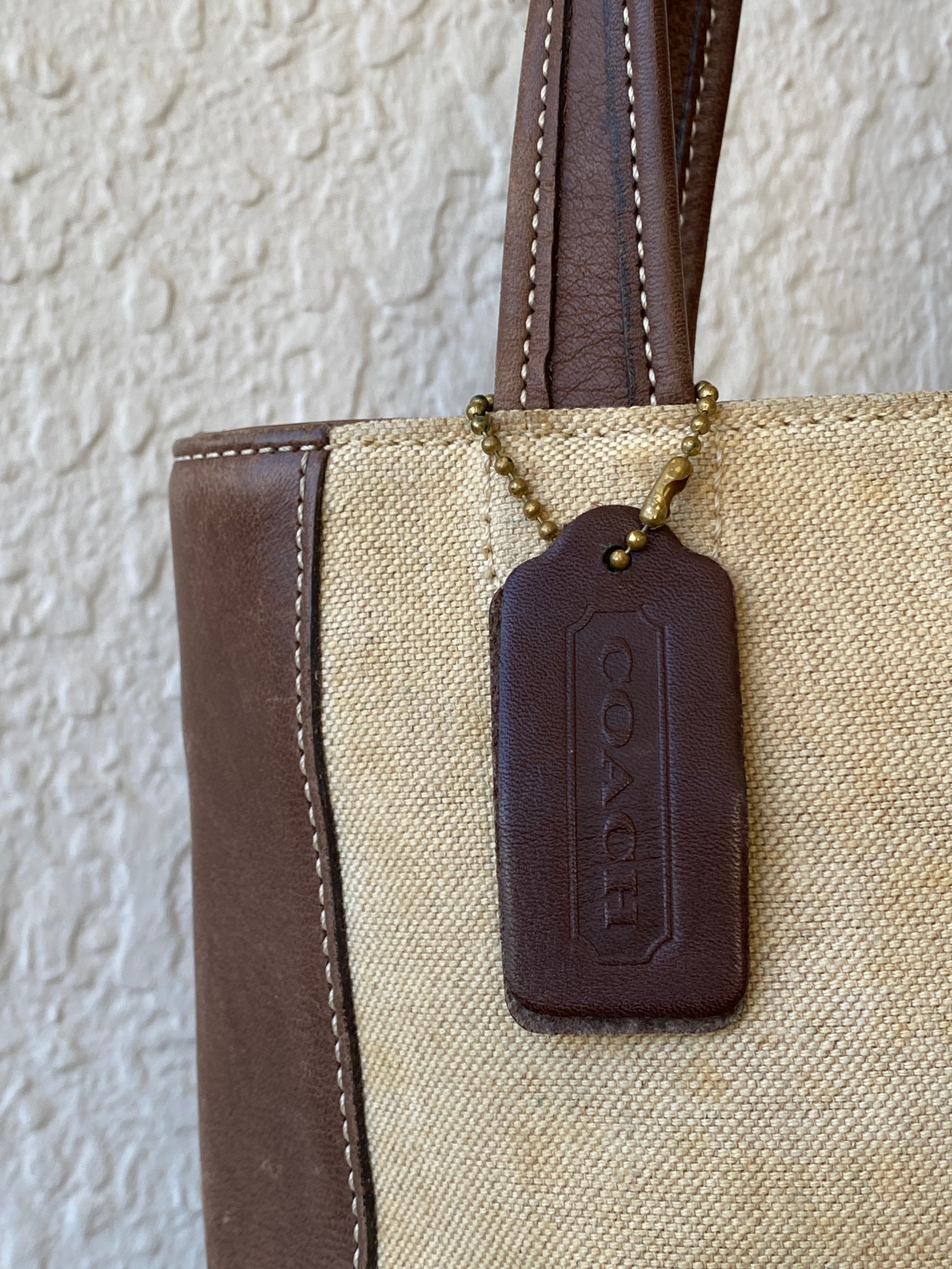 Rare Vintage Coach B9C-6120 Tan Canvas & Brown Leather Small Tote Handbag 90s Mini Satchel Purse