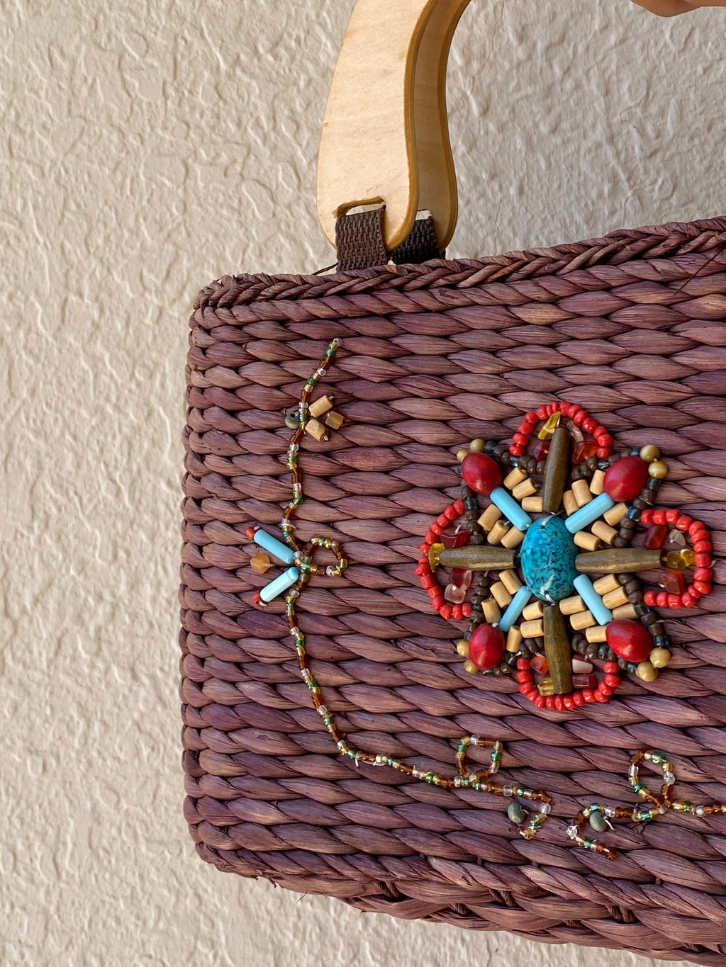 Vintage White Stag Beaded Boho Straw Purse Brown Wood Handle Y2K Brown turquoise Handbag