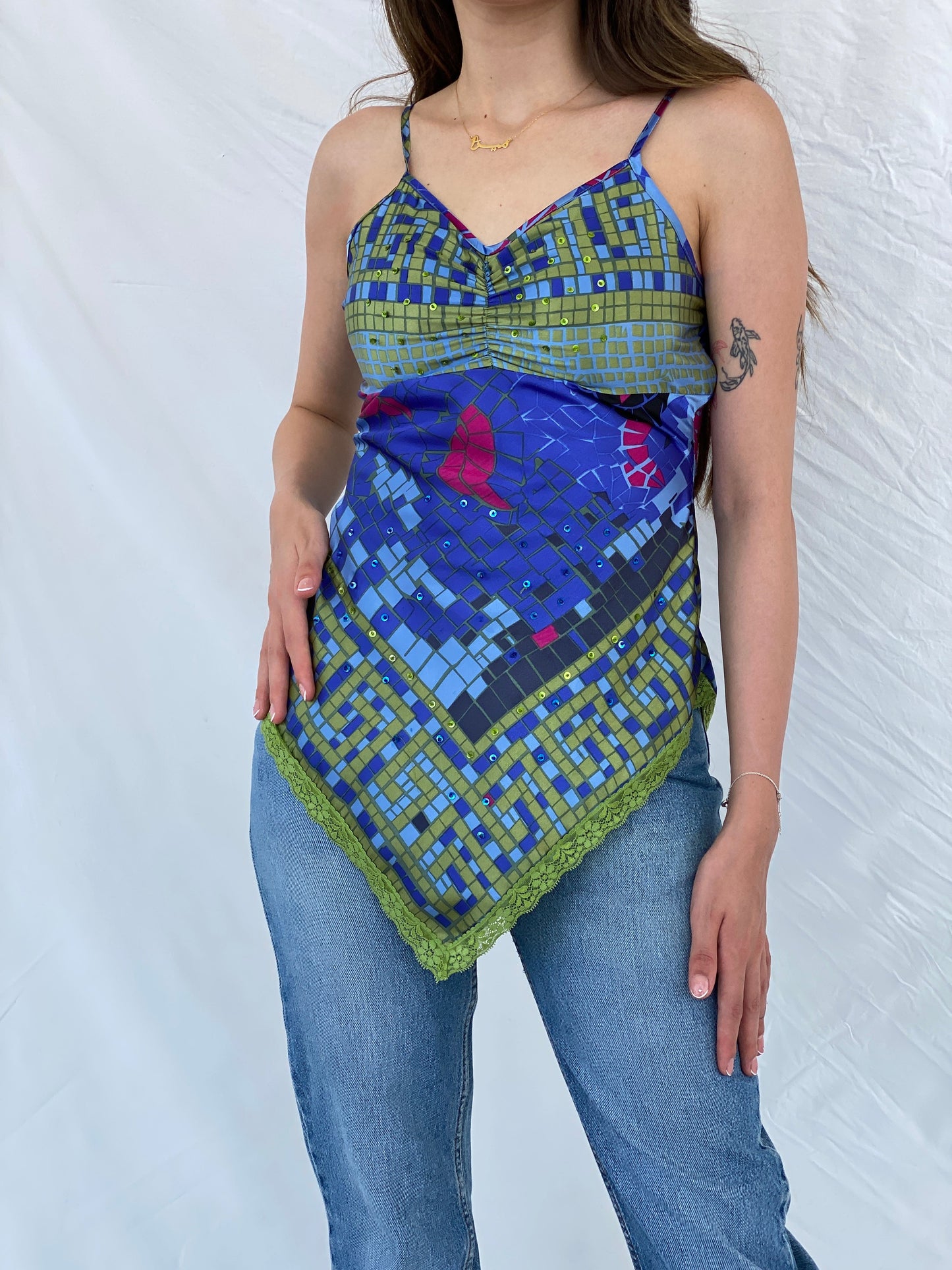 Y2K It’s Mine Sequined Asymmetric Blue and Green Lace Trim Cami Top - S