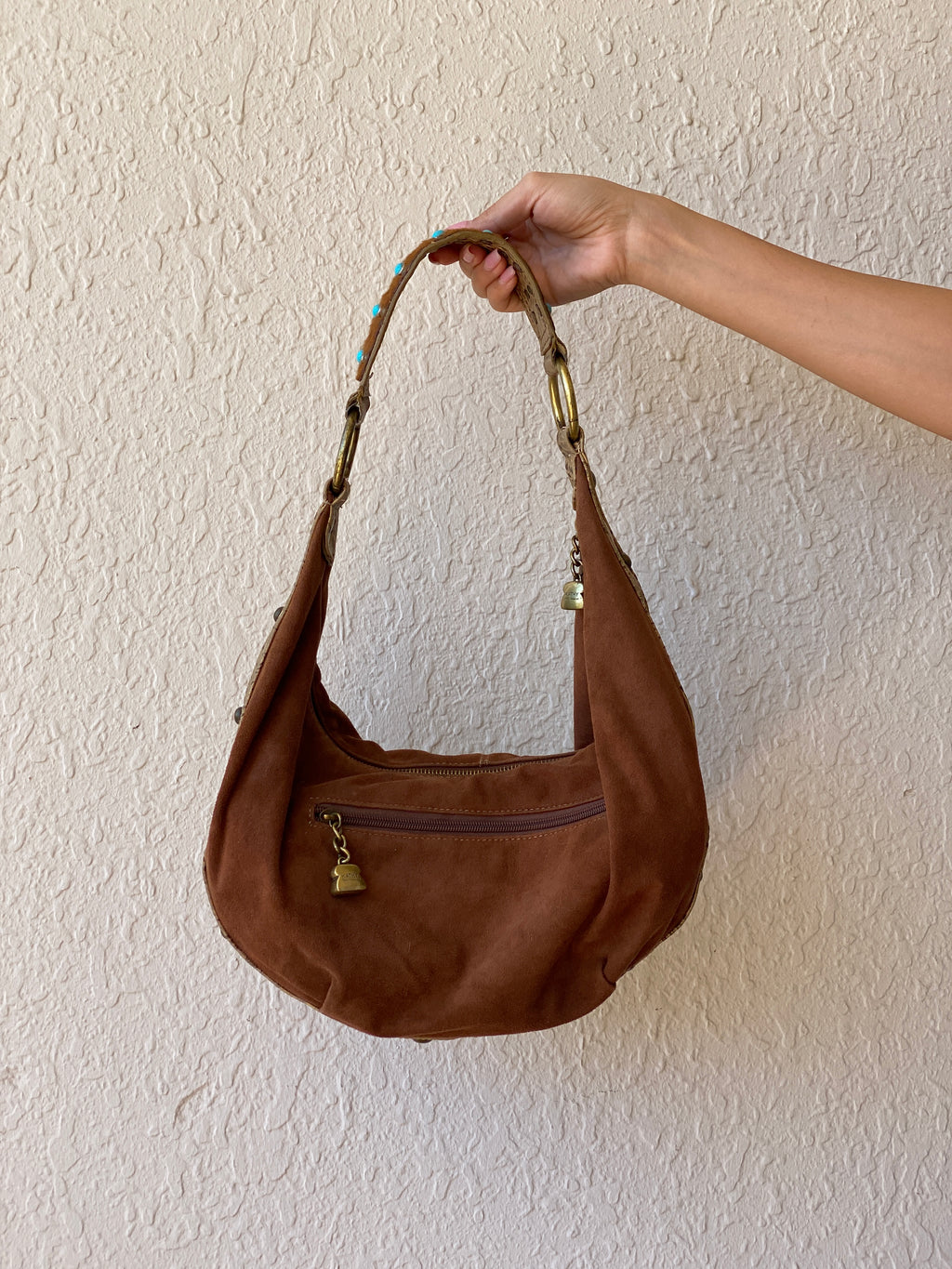 Gorgeous Kathy Van Zeeland Brown Vegan Suede Gold Faux Leather Trim Western Boho Shoulder Bag