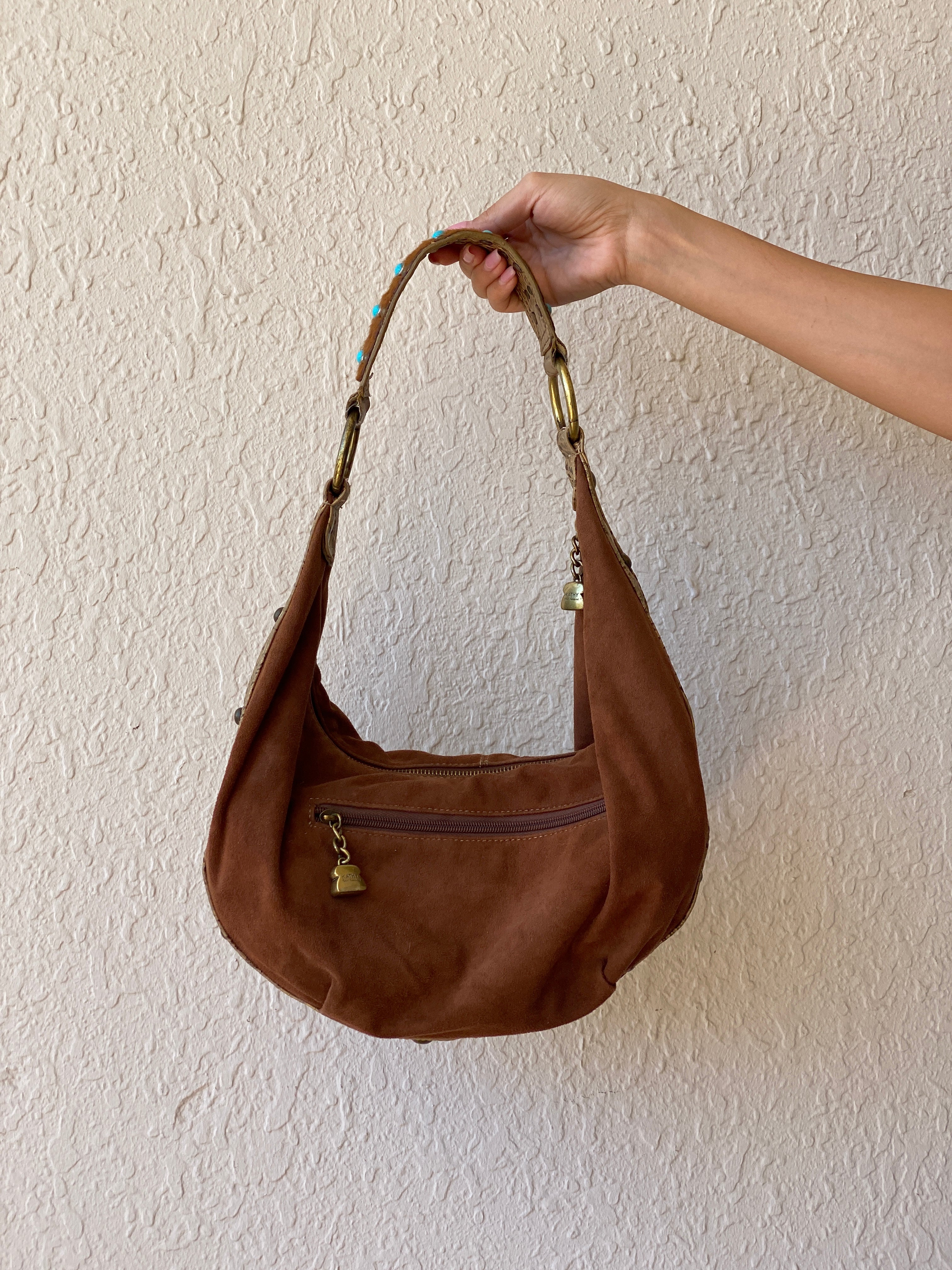 Gorgeous Kathy Van Zeeland Brown Vegan Suede Gold Faux Leather Trim Western Boho Shoulder Bag