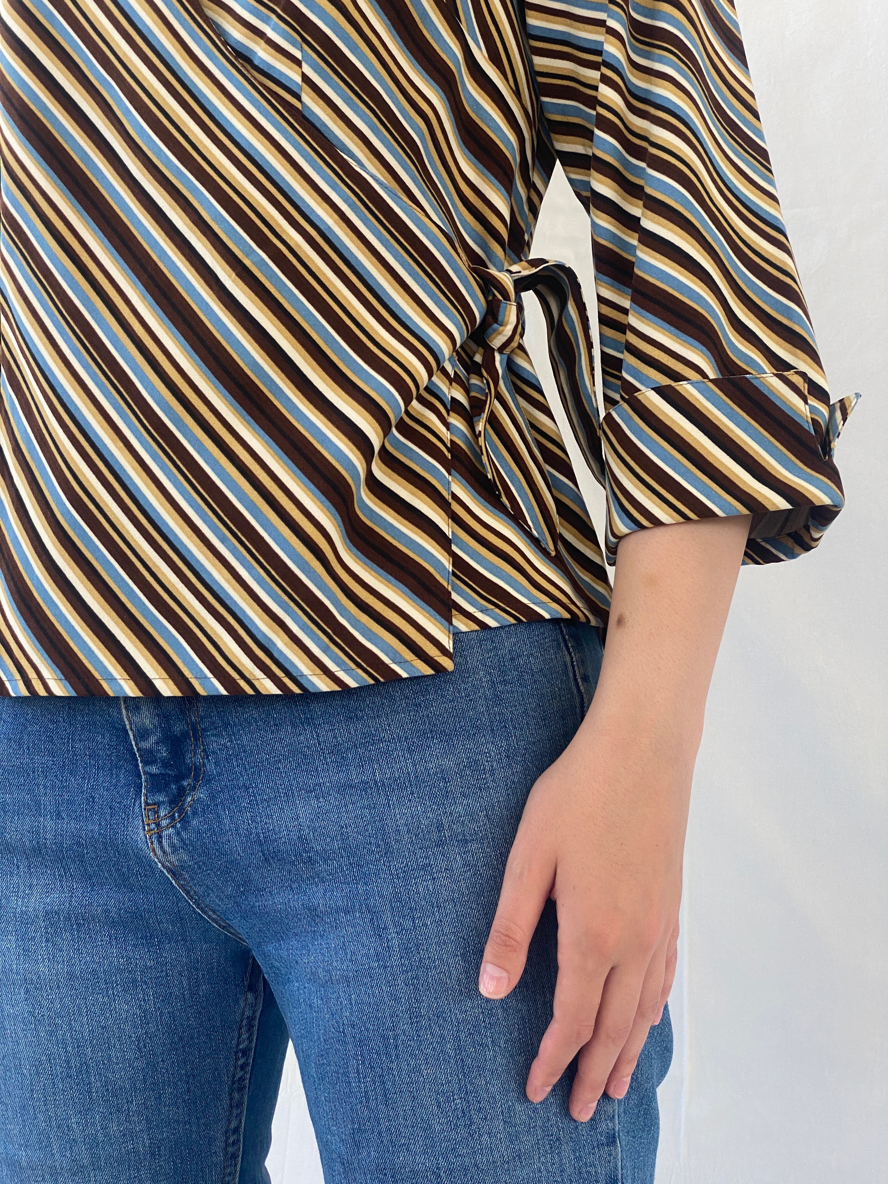 Vintage Selene Sport Striped Multi Colored Shirt Wrap Around Top - M