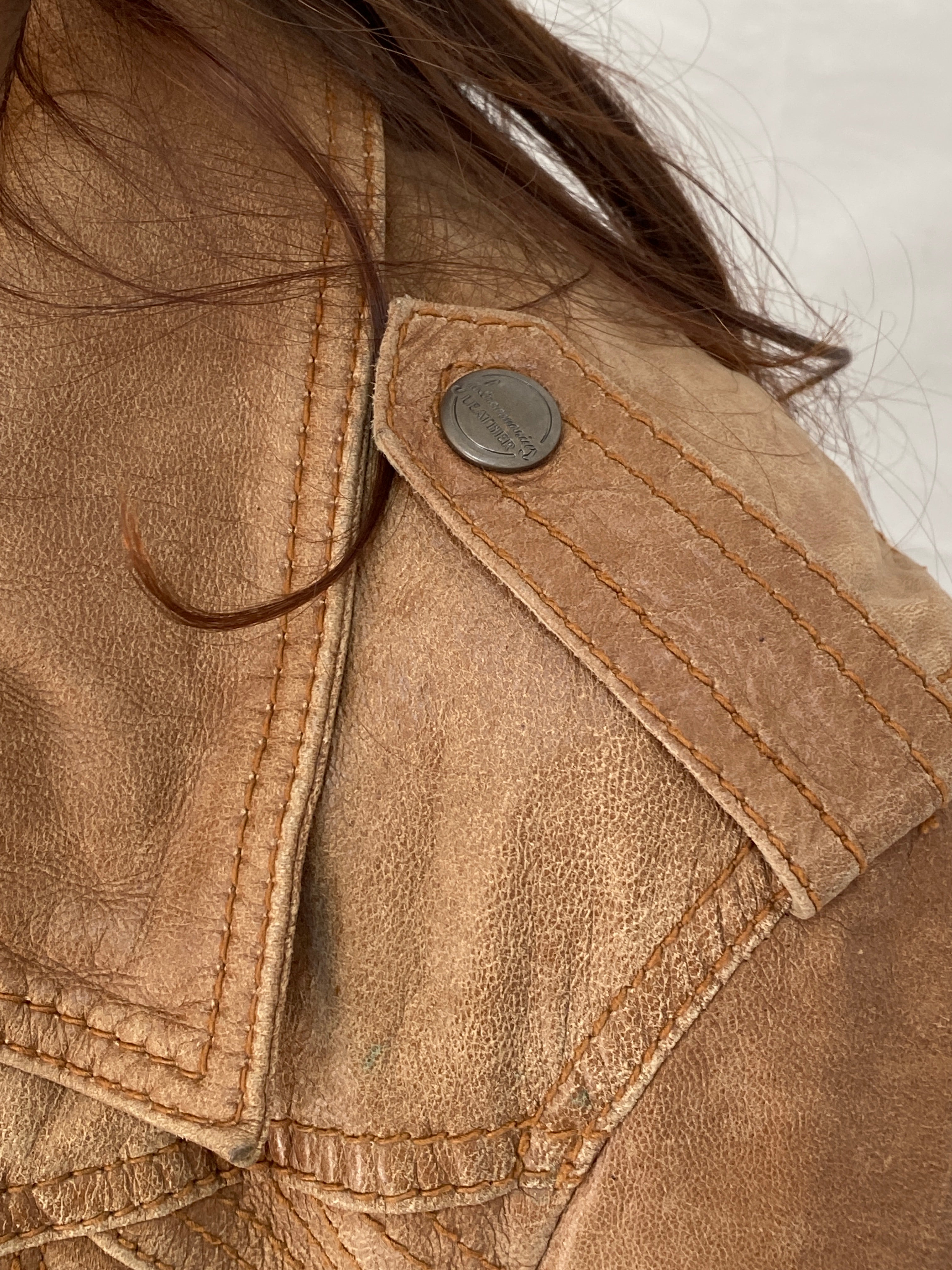 Y2K Stradivarius Real Leather Moto Tan Leather Biker Jacket - M