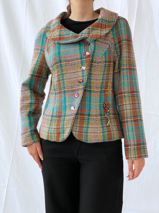 Vintage Rainbow Plaid Whimsy Exaggerated Collar Women’s Blazer - L