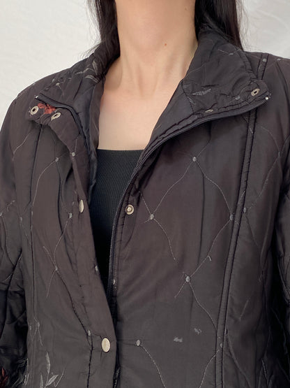 Vintage 90s Motuoren Black Quilted Embroidered Floral Lightweight Padded Jacket Coat - M