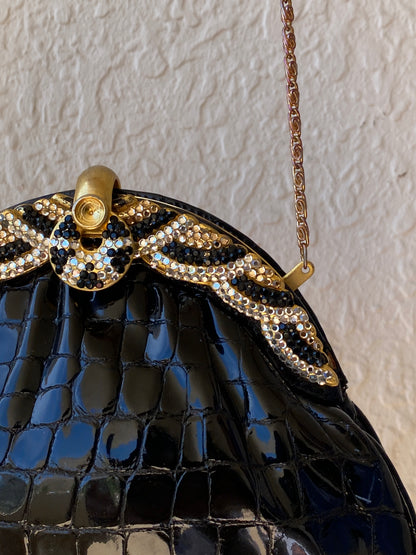 Vintage 1980s Black Croc Embossed Patent Rhinestone Bow Frame Gold Chain Evening Bag