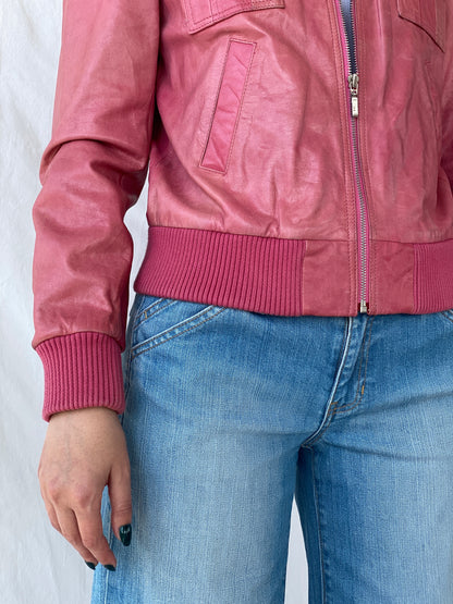 Vintage Mellachia Pink Women’s Genuine Leather Biker Style Bomber Jacket - M