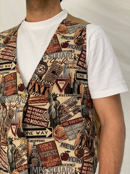Vintage Basic Editions NYC Tapestry Vest Graphic Street Waistcoat – XL
