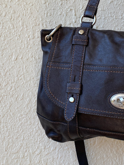 Vintage Y2K Fossil Long Live Vintage Black Distressed Leather Convertible Satchel Crossbody Bag
