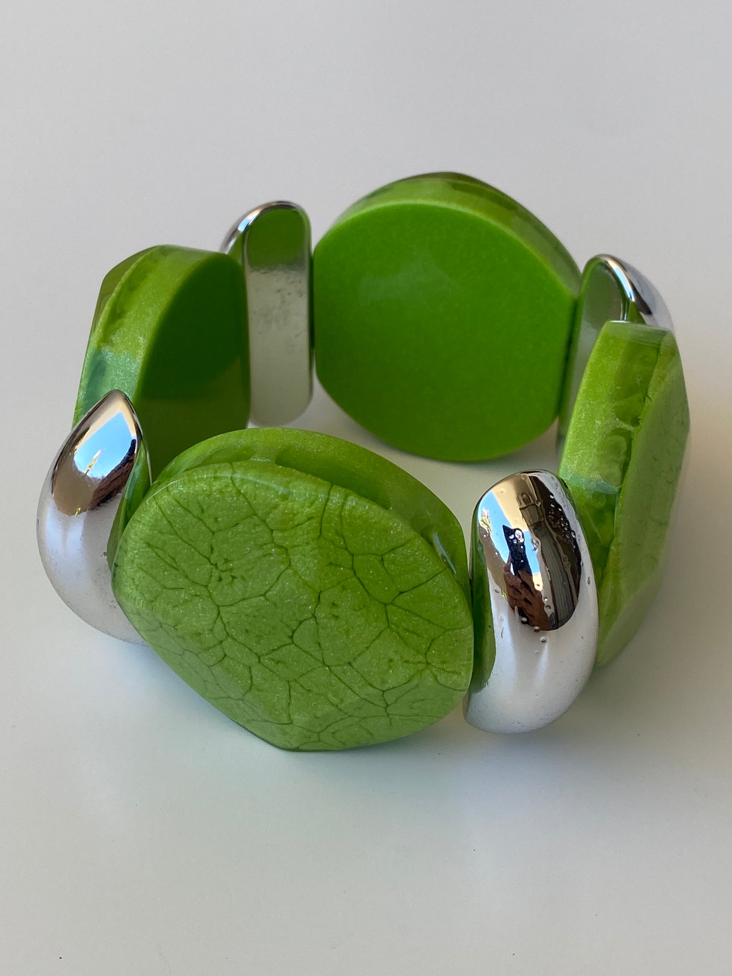 Y2K Green Resin & Silver-Tone Stretch Bracelet Statement Bangle