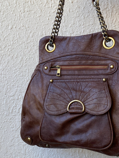 Vintage Y2K A|wear Brown Chain Handle Multi-Pocket Shoulder Bag