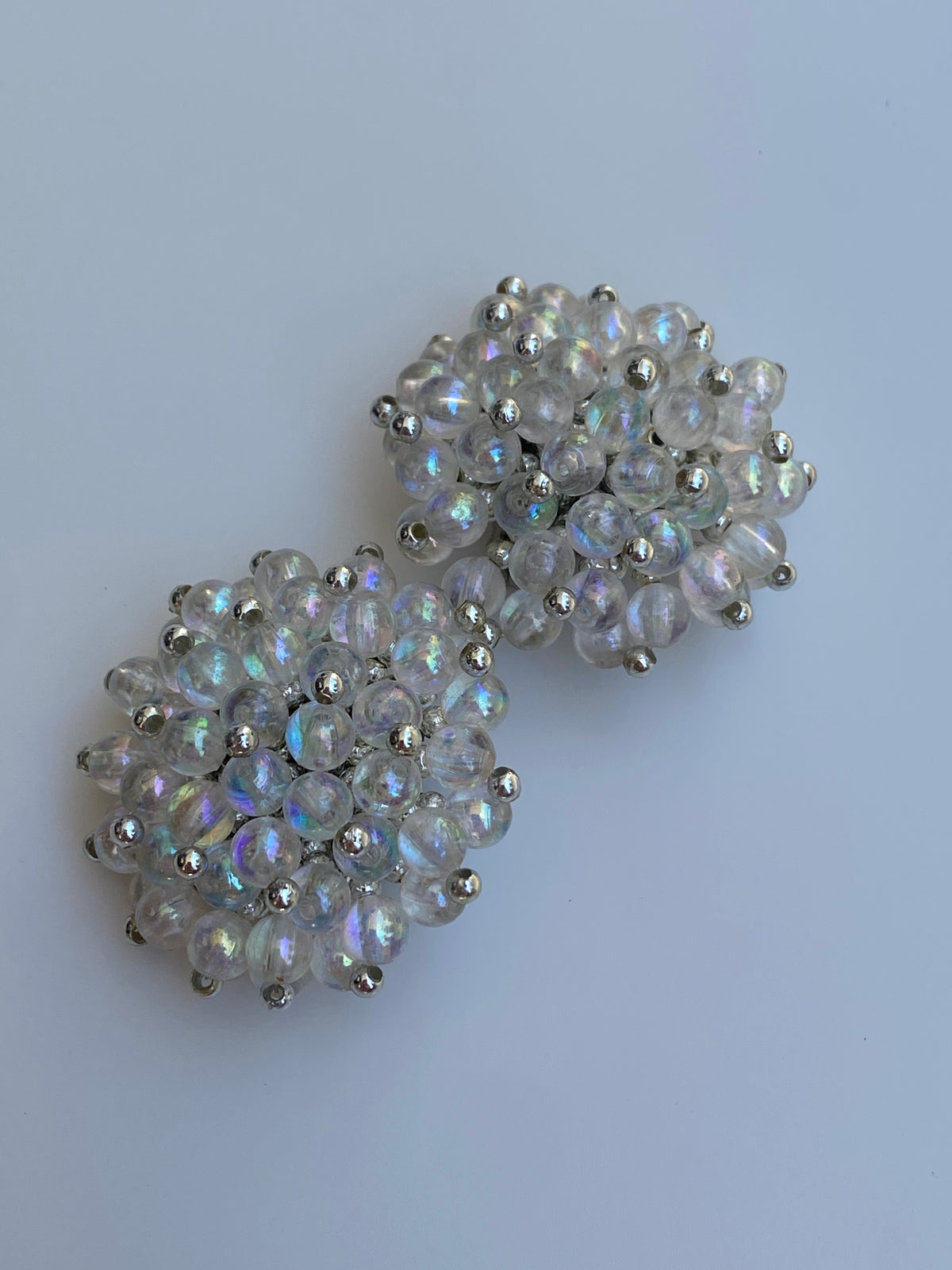 Vintage 1980s Iridescent Beaded Cluster Clip-On Silver Tone Earrings Vintage 1980s Iridescent Beaded Cluster Clip-On Silver Tone Earrings