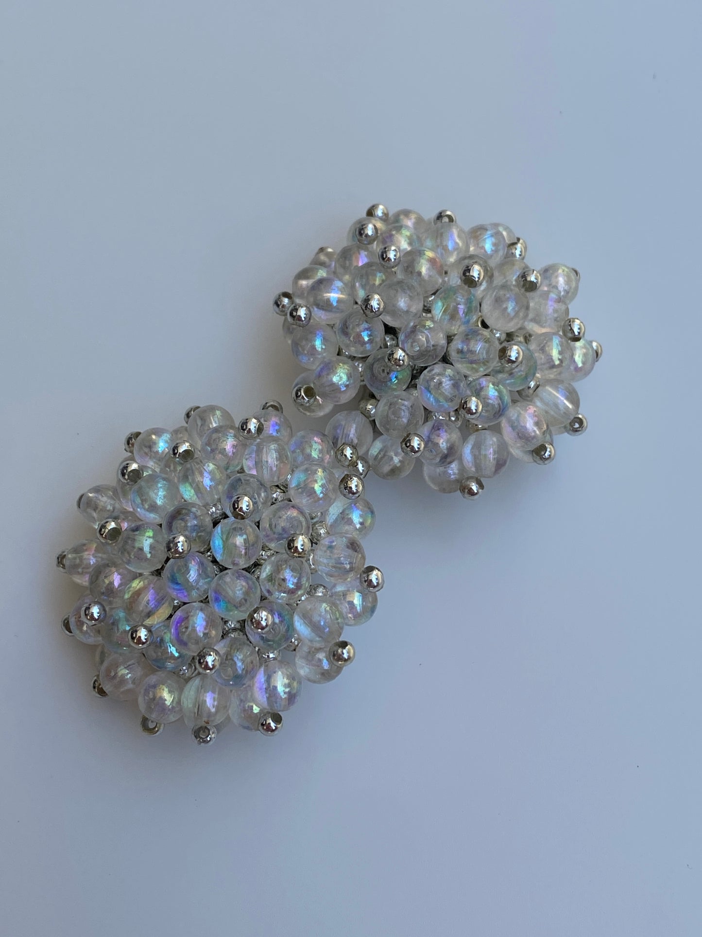 Vintage 1980s Iridescent Beaded Cluster Clip-On Silver Tone Earrings