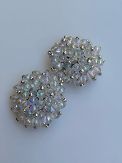 Vintage 1980s Iridescent Beaded Cluster Clip-On Silver Tone Earrings