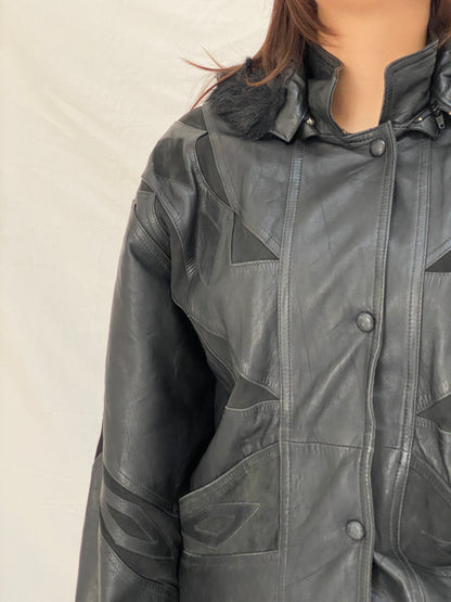 Vintage Black Leather Hooded Jacket with Suede Panels & Faux Fur Trim 90s Italian Style Bomber - L
