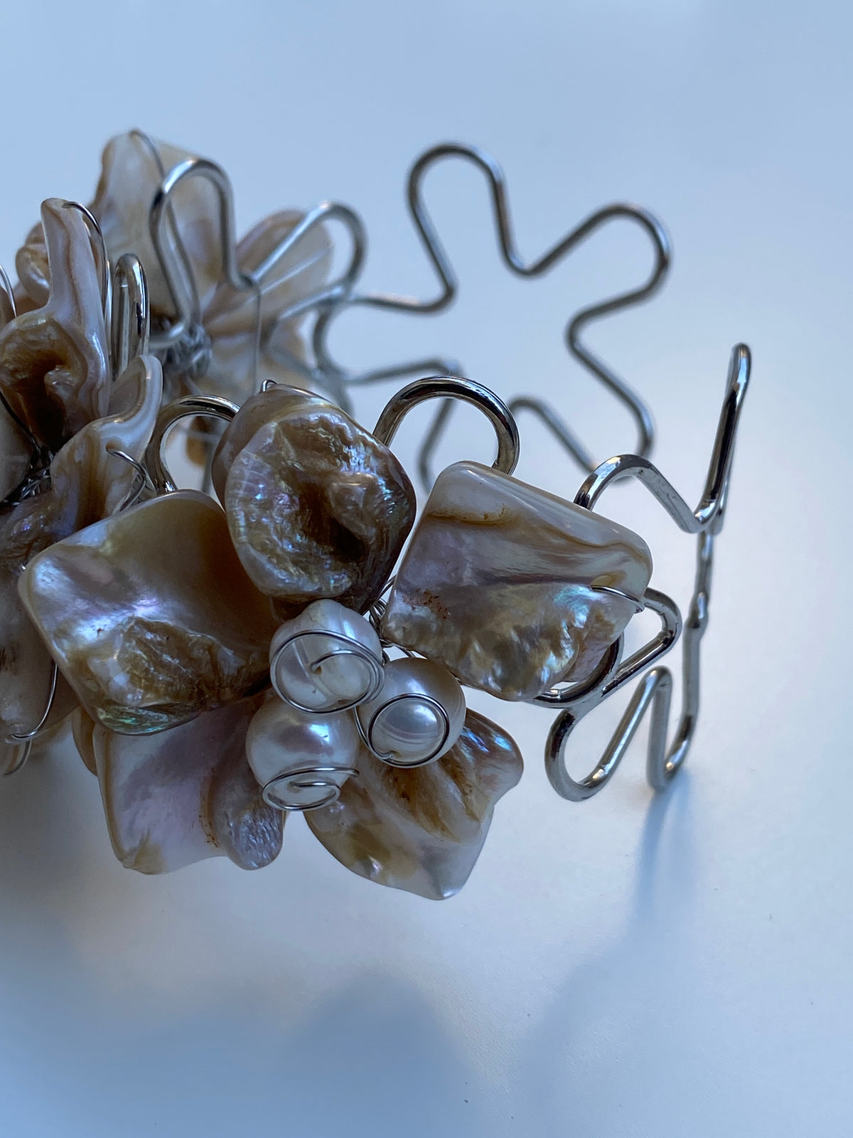 Vintage Mother of Pearl Cluster Cuff Handmade Artisan Shell Bracelet Vintage Mother of Pearl Cluster Cuff Handmade Artisan Shell Bracelet