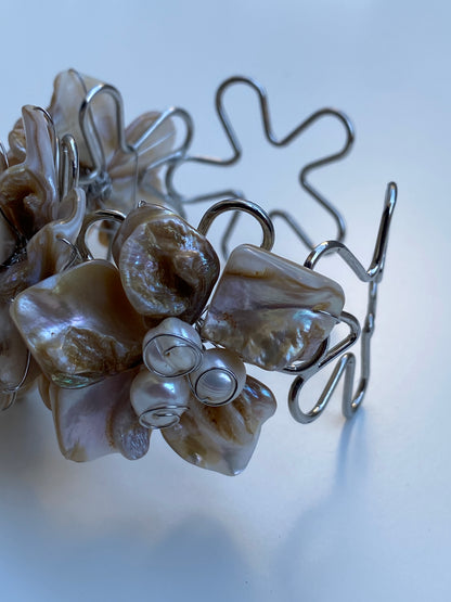 Vintage Mother of Pearl Cluster Cuff Handmade Artisan Shell Bracelet