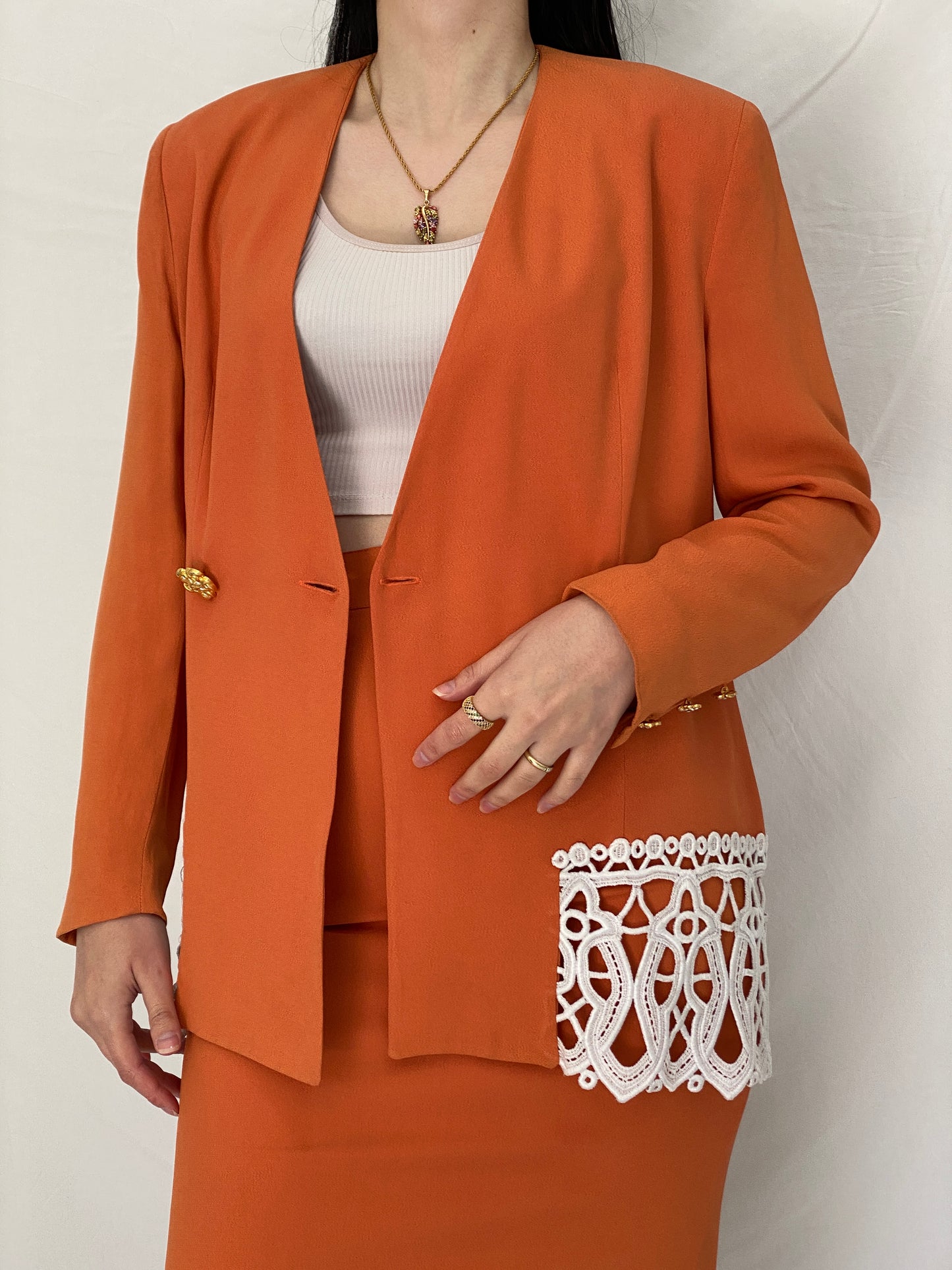 Statement Vintage Luigi Bruno Italian Orange Skirt Suit Set Tailored Blazer & Pencil Skirt - S