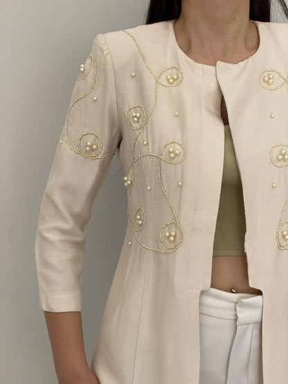 Vintage 90s Leslie Fay Petite Ivory Pearl Beaded Embroidered Blazer – M