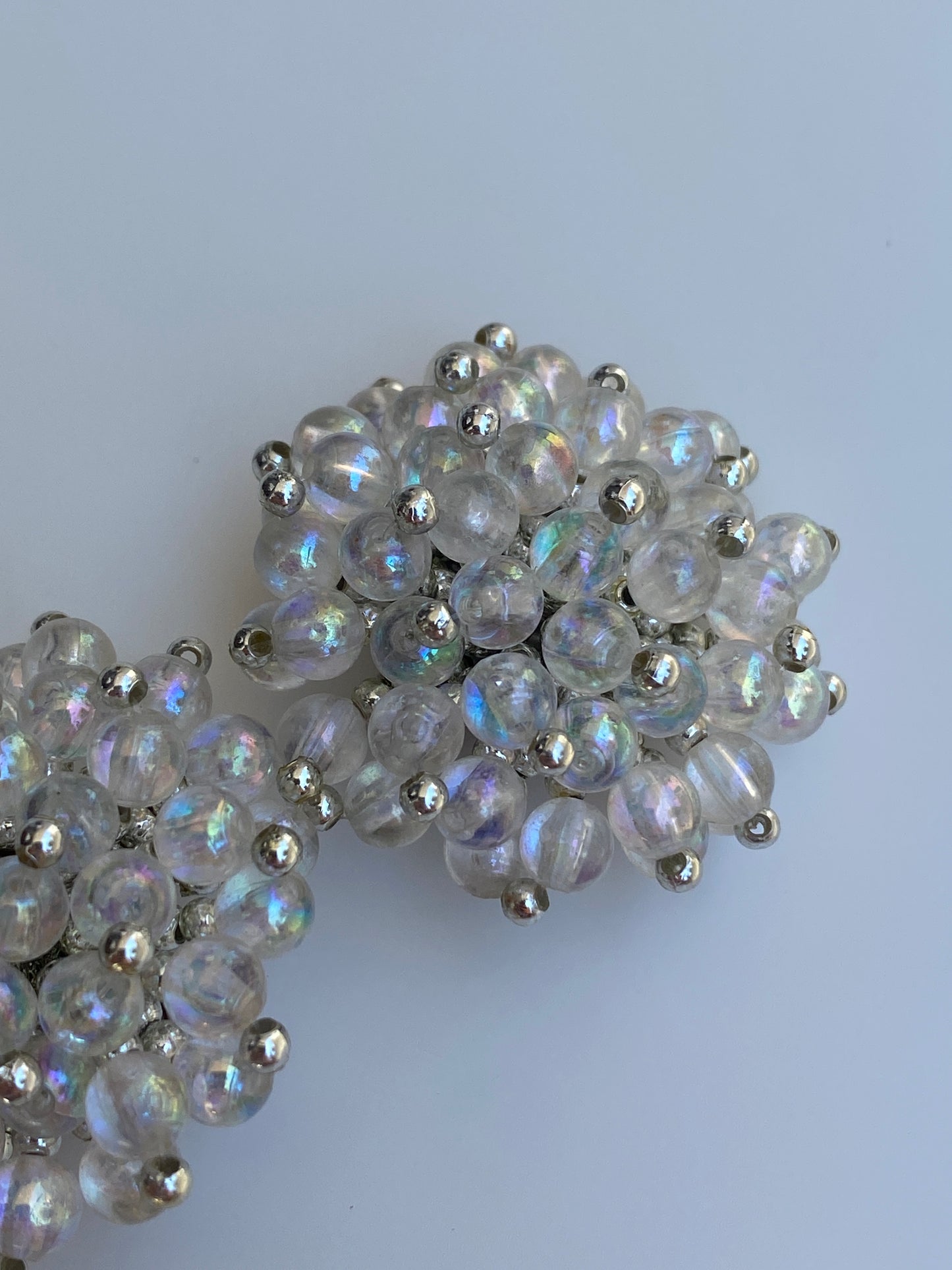Vintage 1980s Iridescent Beaded Cluster Clip-On Silver Tone Earrings