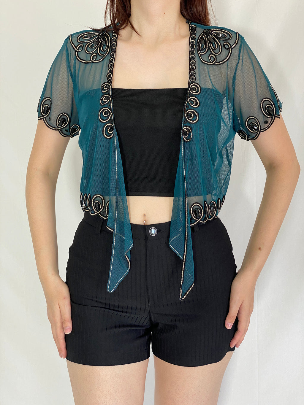 Vintage Teal Sheer Beaded Cropped Cardigan Top - M