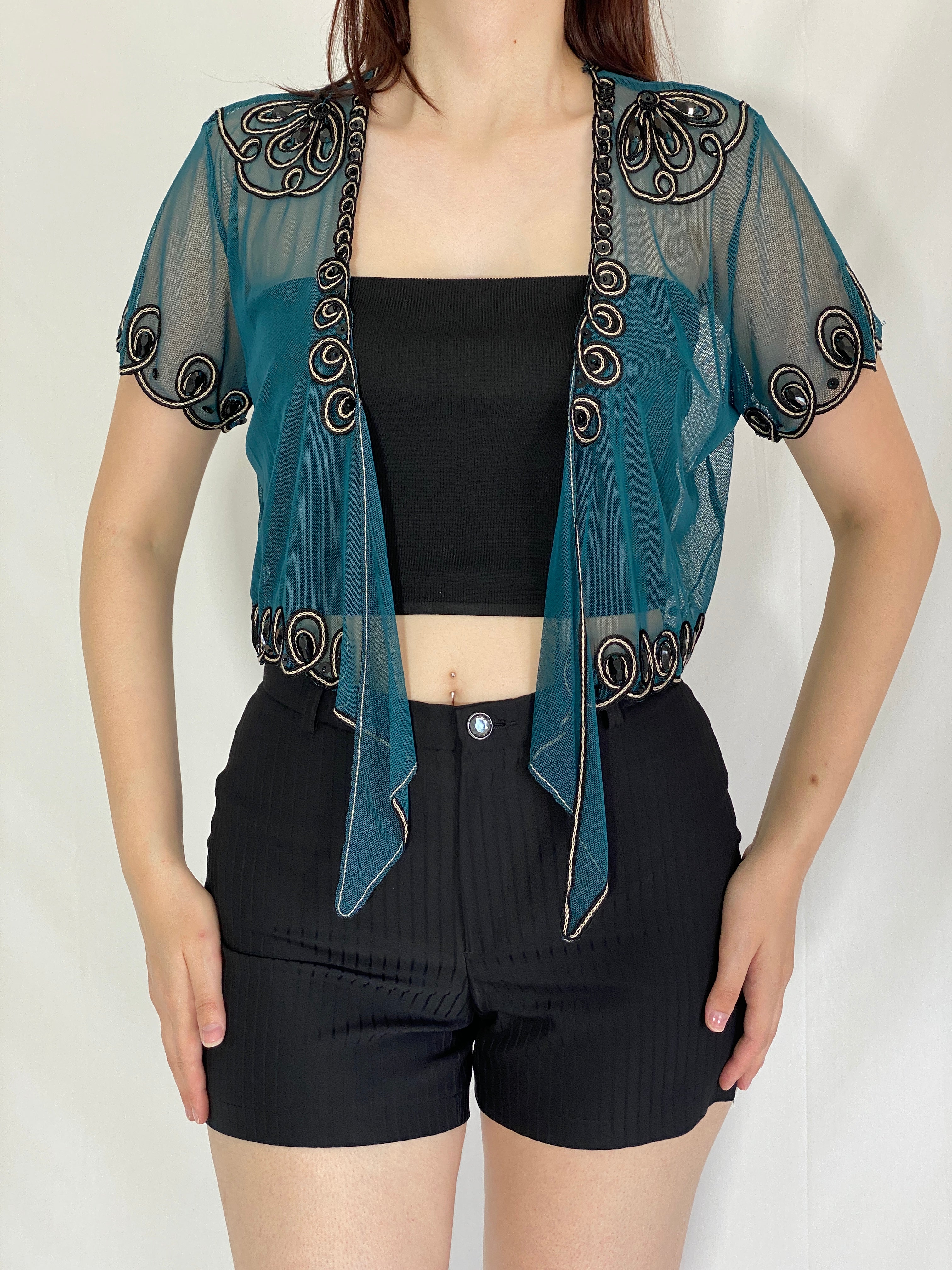 Vintage Teal Sheer Beaded Cropped Cardigan Top - M