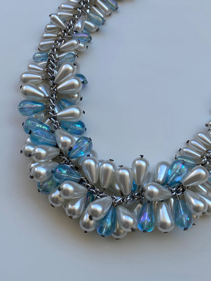 Vintage Faux Pearl & Iridescent Beaded Cluster Necklace Y2K Glam Jewelry