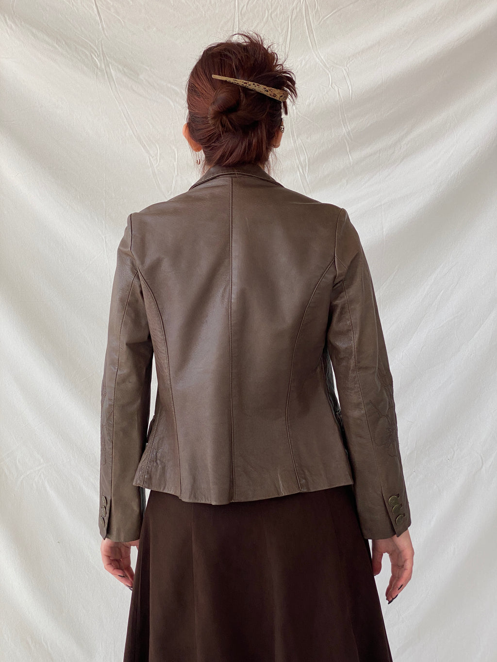 Vintage FRANSA Brown Genuine Leather Floral Embroidered Women’s Blazer Jacket - M