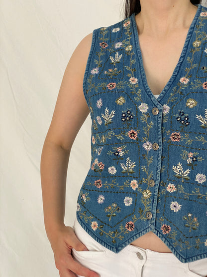 Vintage 90s New Directions Floral Embroidered Beaded Denim Vest – S