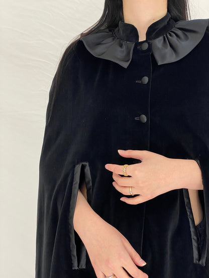 Vintage Black Velvet Cape with Satin Statement Collar - Gothic Elegance Evening Outerwear