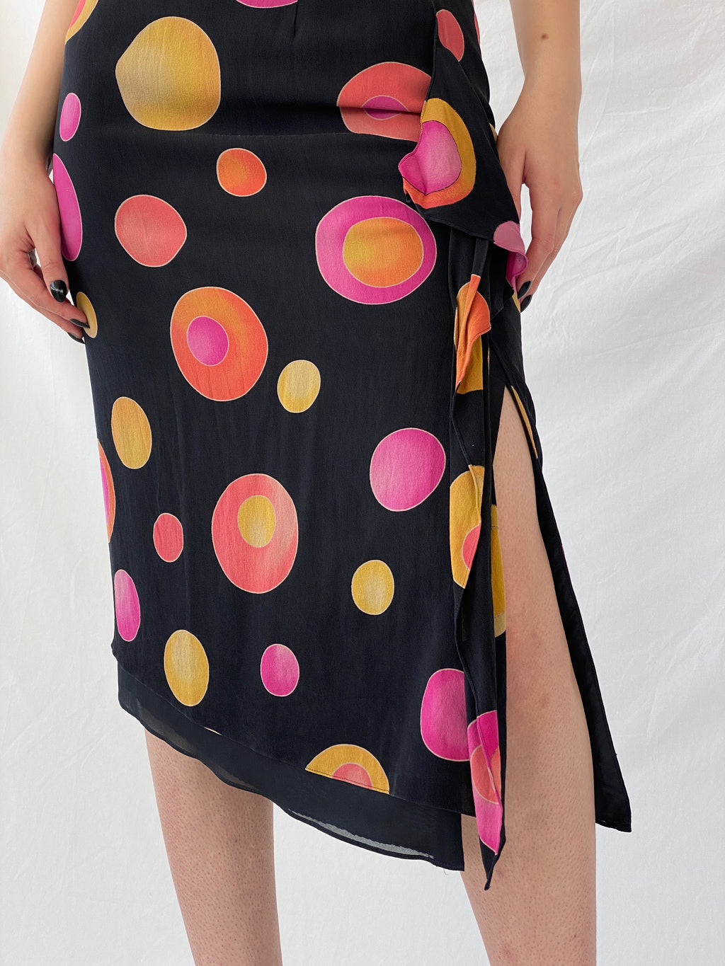 Vintage 1990s Louis Féraud Silk Dot Midi Black Groovy Skirt with Colorful Circles and Side Slits - M