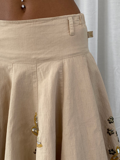 Vintage Y2K KS Embroidered Beige Midi Tulle Hem Skirt - XS