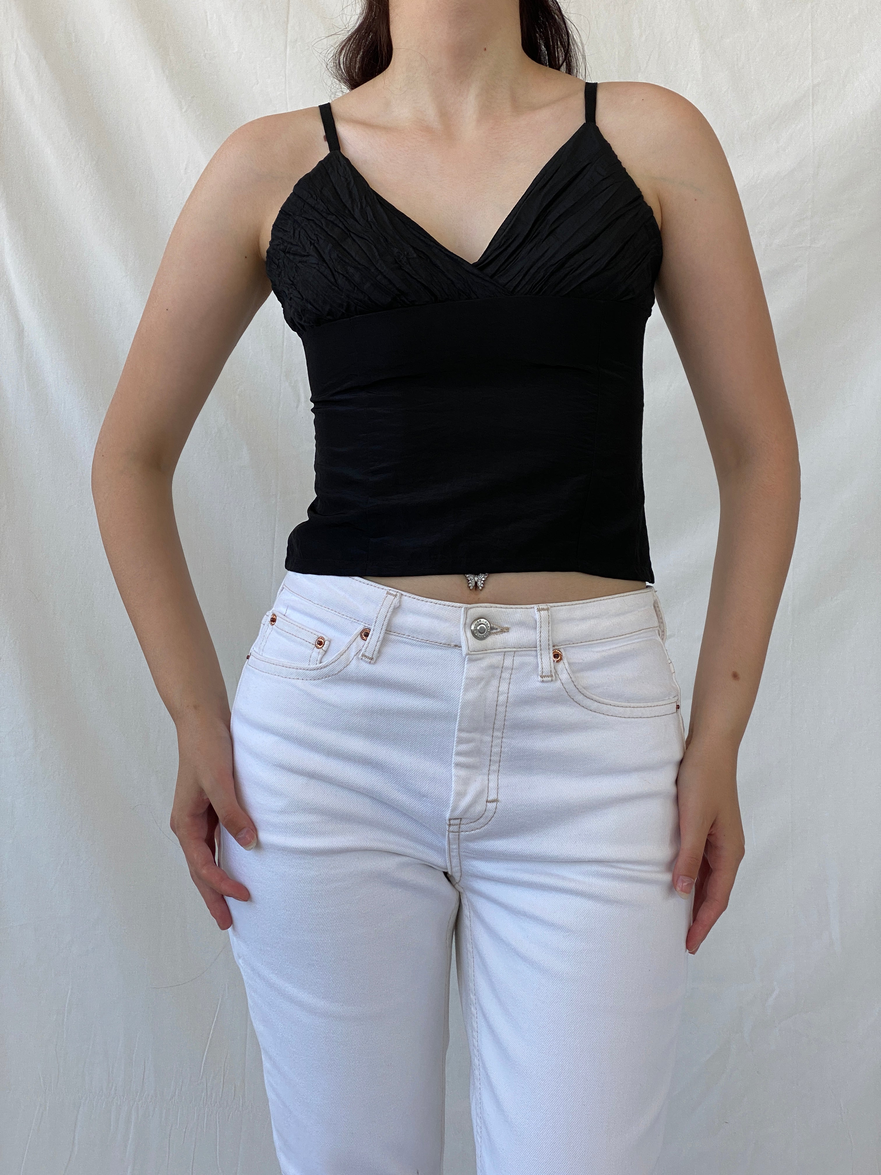 Vintage Display Black Cami Top Formal Ruched Camisole with Clasp Closure - S