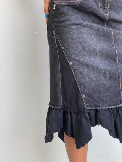 Y2K Mexx Dark Wash Denim Ruffle Midi Skirt Whimsigoth Hem – XS