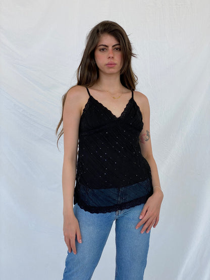 Vintage 90s Fire Los Angeles Sequin Black Lace Trim Cami Top - S