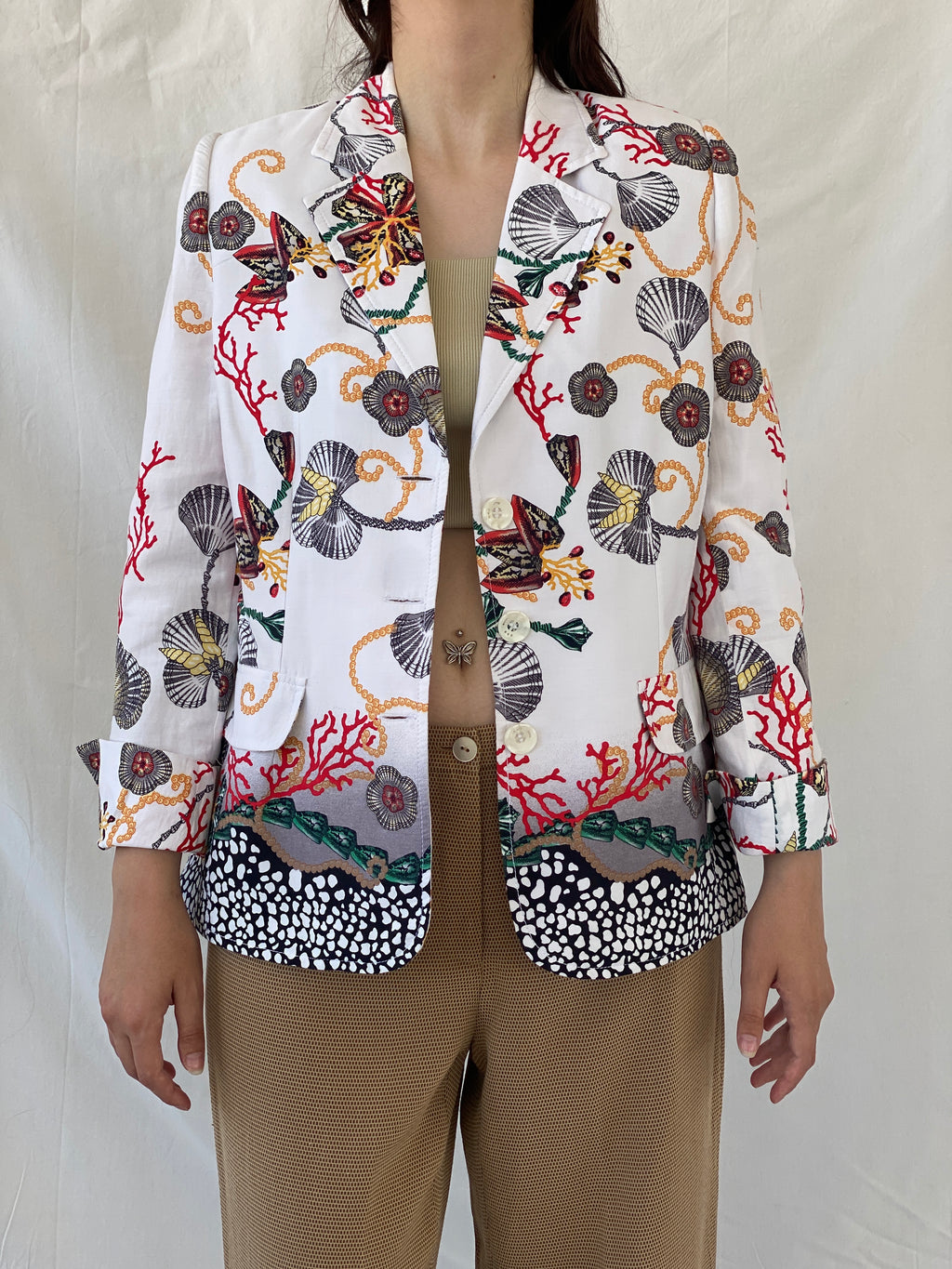 Statement SELMA Ivory Multicolor Seashell Red Coral Printed Cotton Blazer - XL