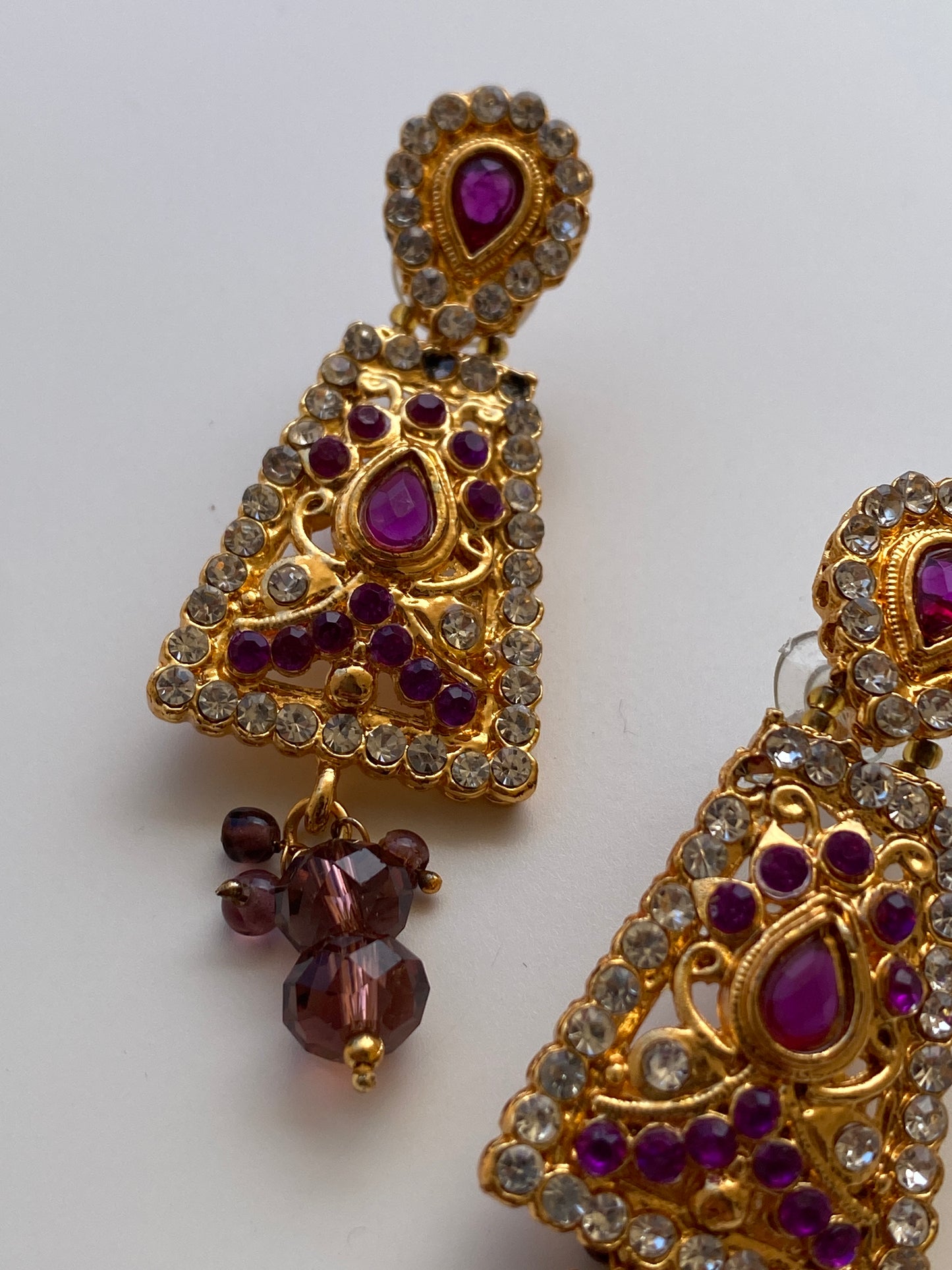 Vintage Jewellery Set Triple Strand Amethyst Crystal Bead Necklace with Rhinestone Gold Earrings