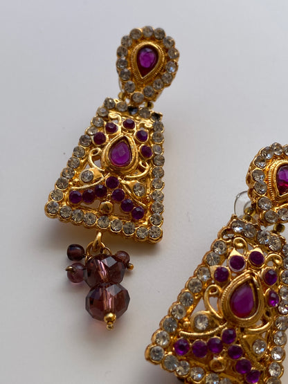 Vintage Jewellery Set Triple Strand Amethyst Crystal Bead Necklace with Rhinestone Gold Earrings