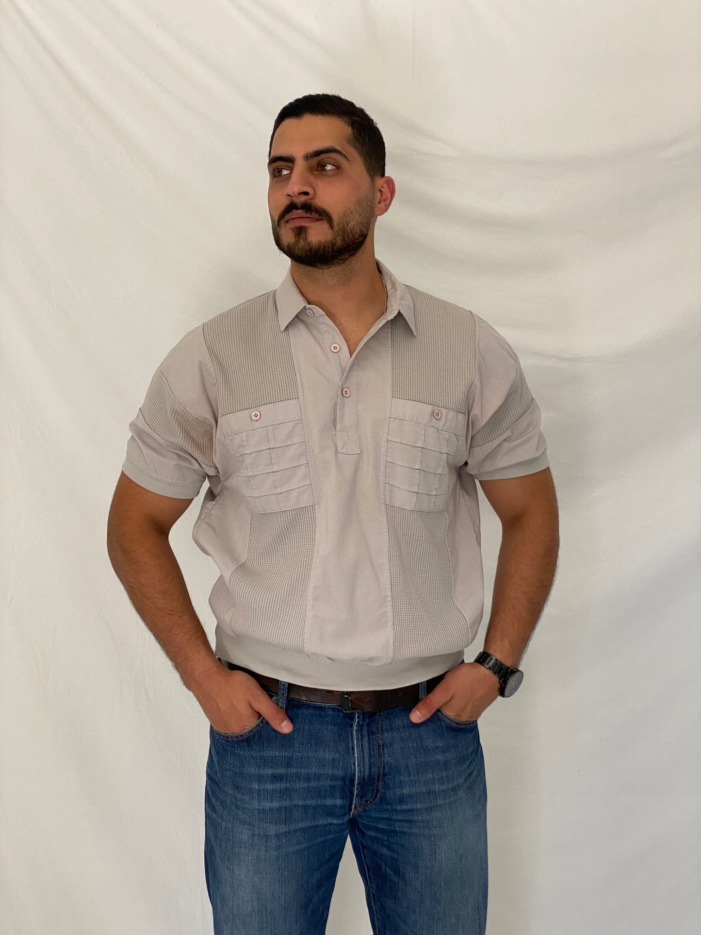 Vintage 90s Alexxus Exclusive Gray Textured Panel Polo Shirt – L