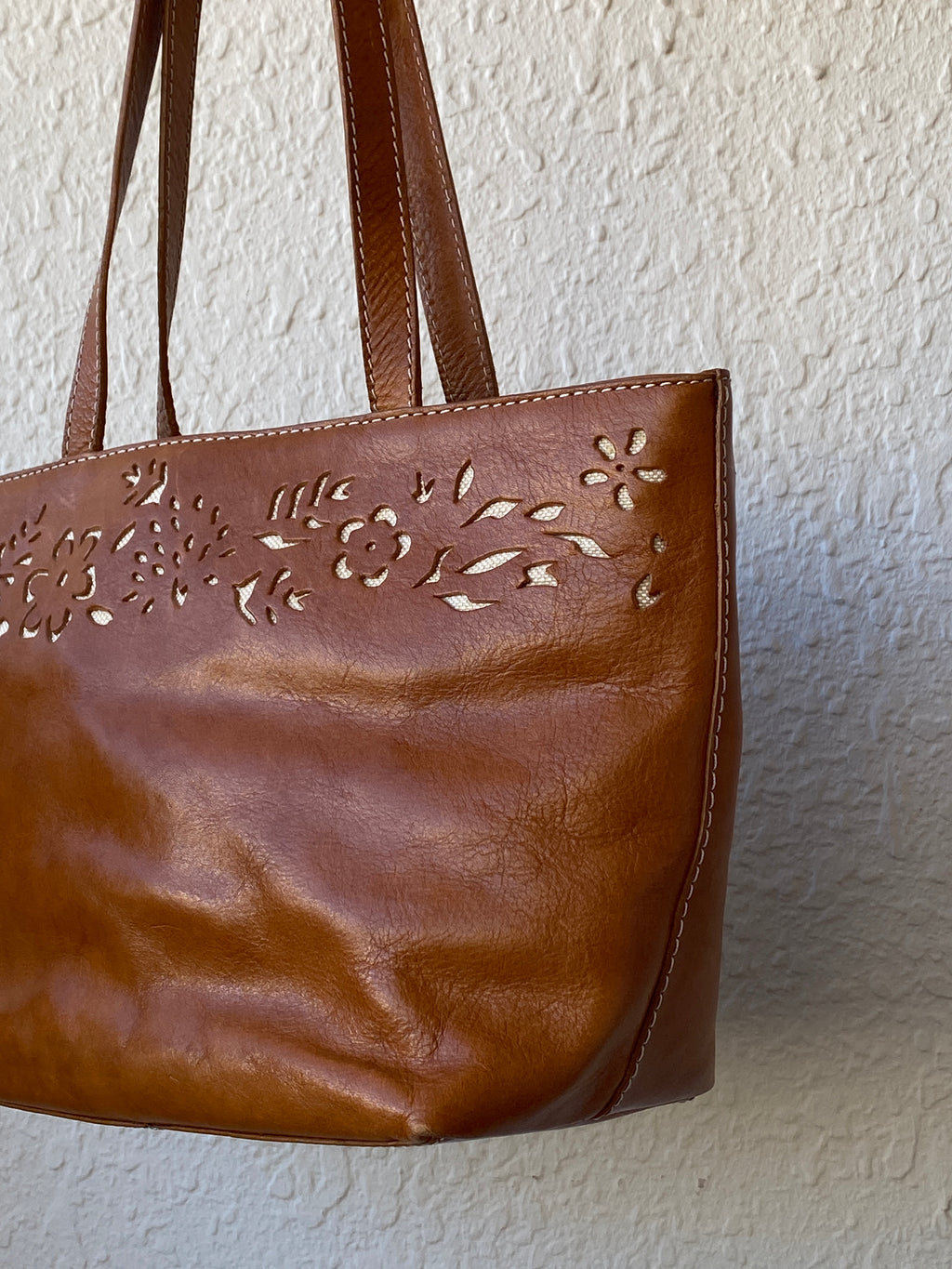 Genuine Leather Floral Perforated Design Shoulder Tote Bag