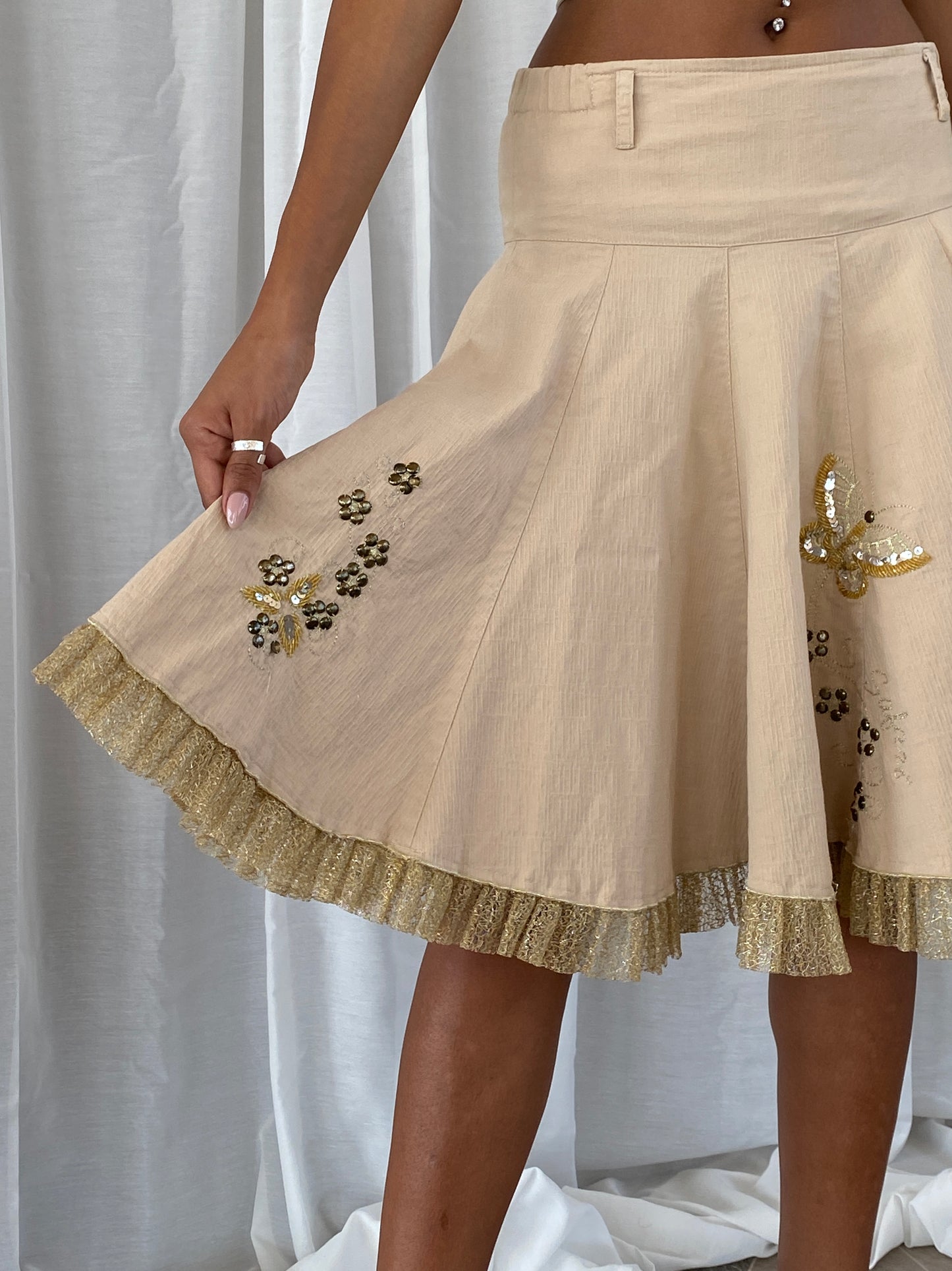 Vintage Y2K KS Embroidered Beige Midi Tulle Hem Skirt - XS