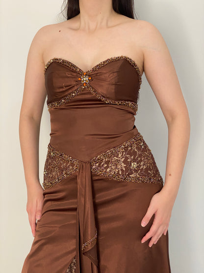 Vintage Party Time Brown Beaded Lace Strapless Formal Gown – M