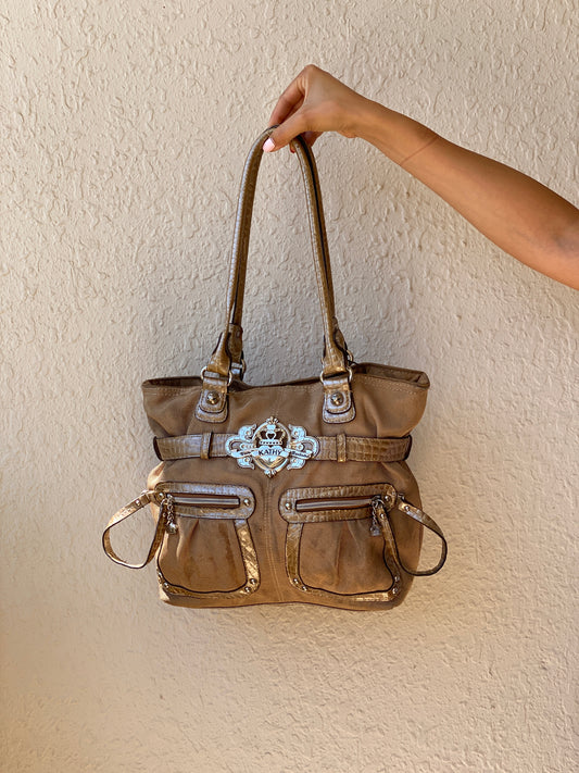 Vintage Y2K Kathy Van Zeeland Tan Canvas & Faux Croc Shoulder Tote Bag