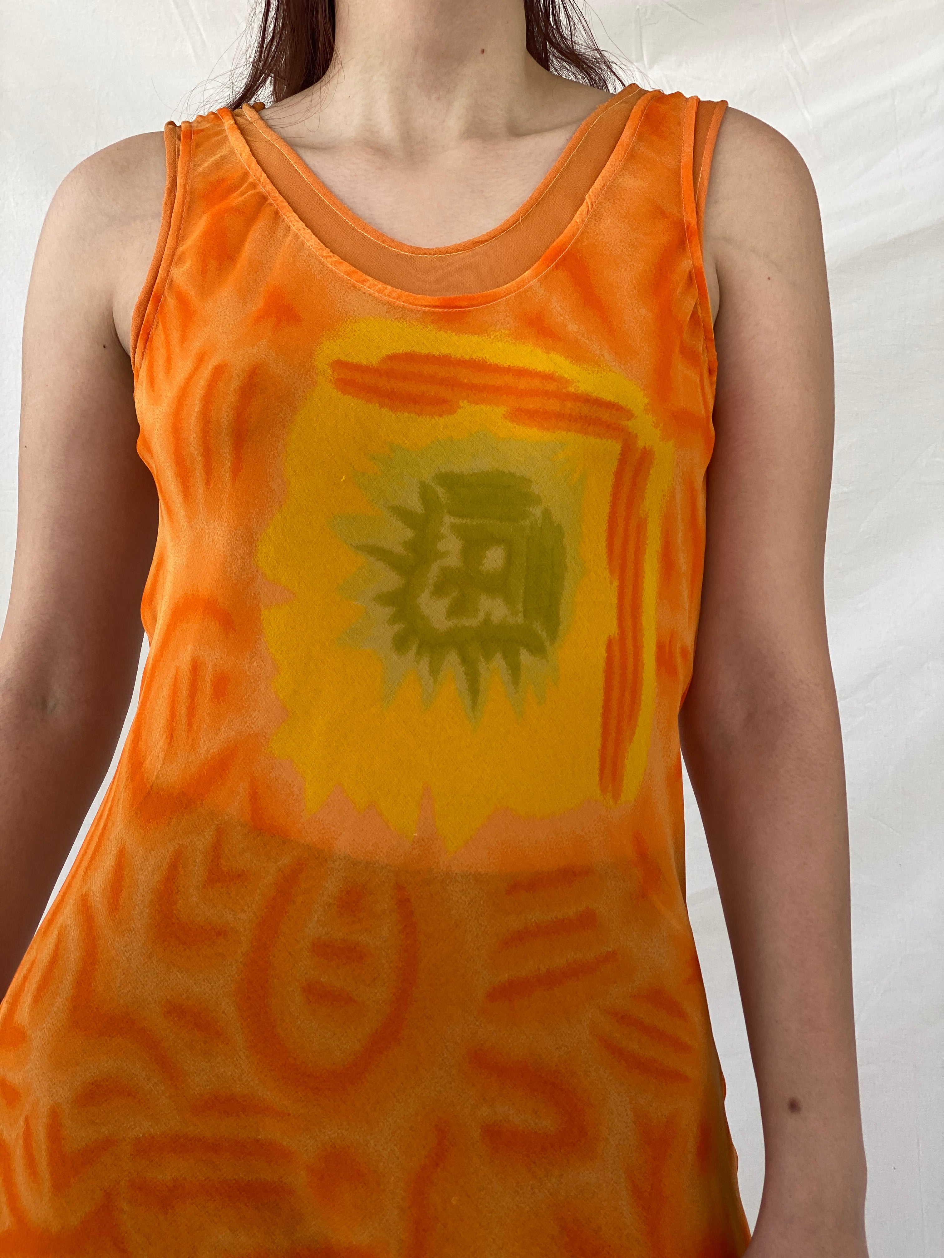 Y2K Chiffon Orange Tie Dye Sheer Maxi Dress - M