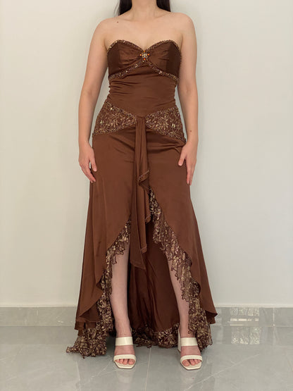 Vintage Party Time Brown Beaded Lace Strapless Formal Gown – M