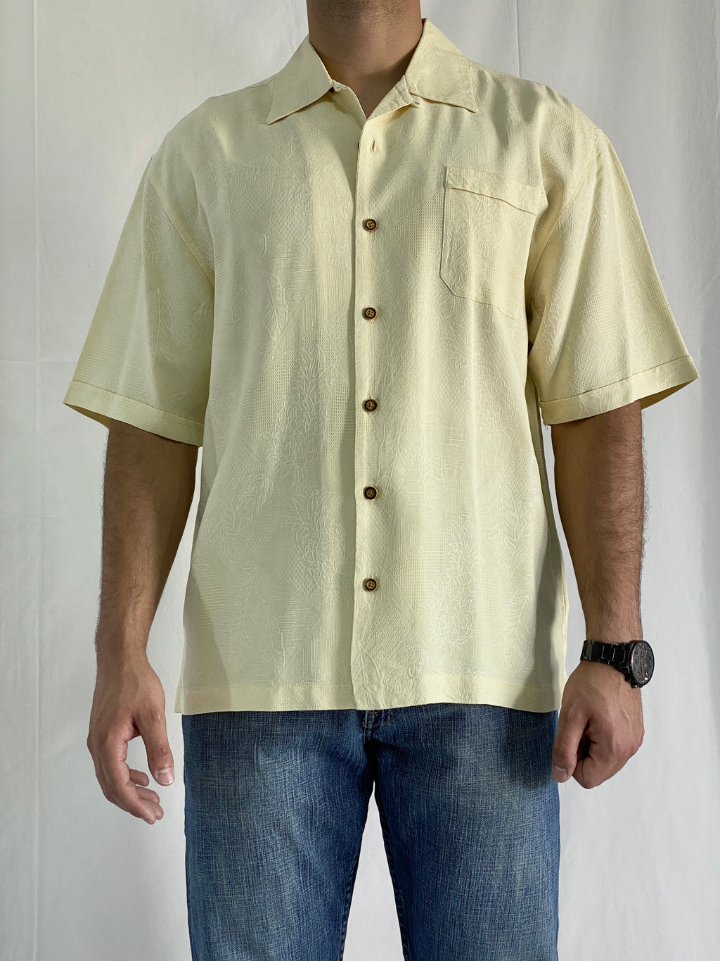 Vintage Jamaica Jaxx Men’s Hawaiian Textured Pineapple Leaf Silk Shirt - L