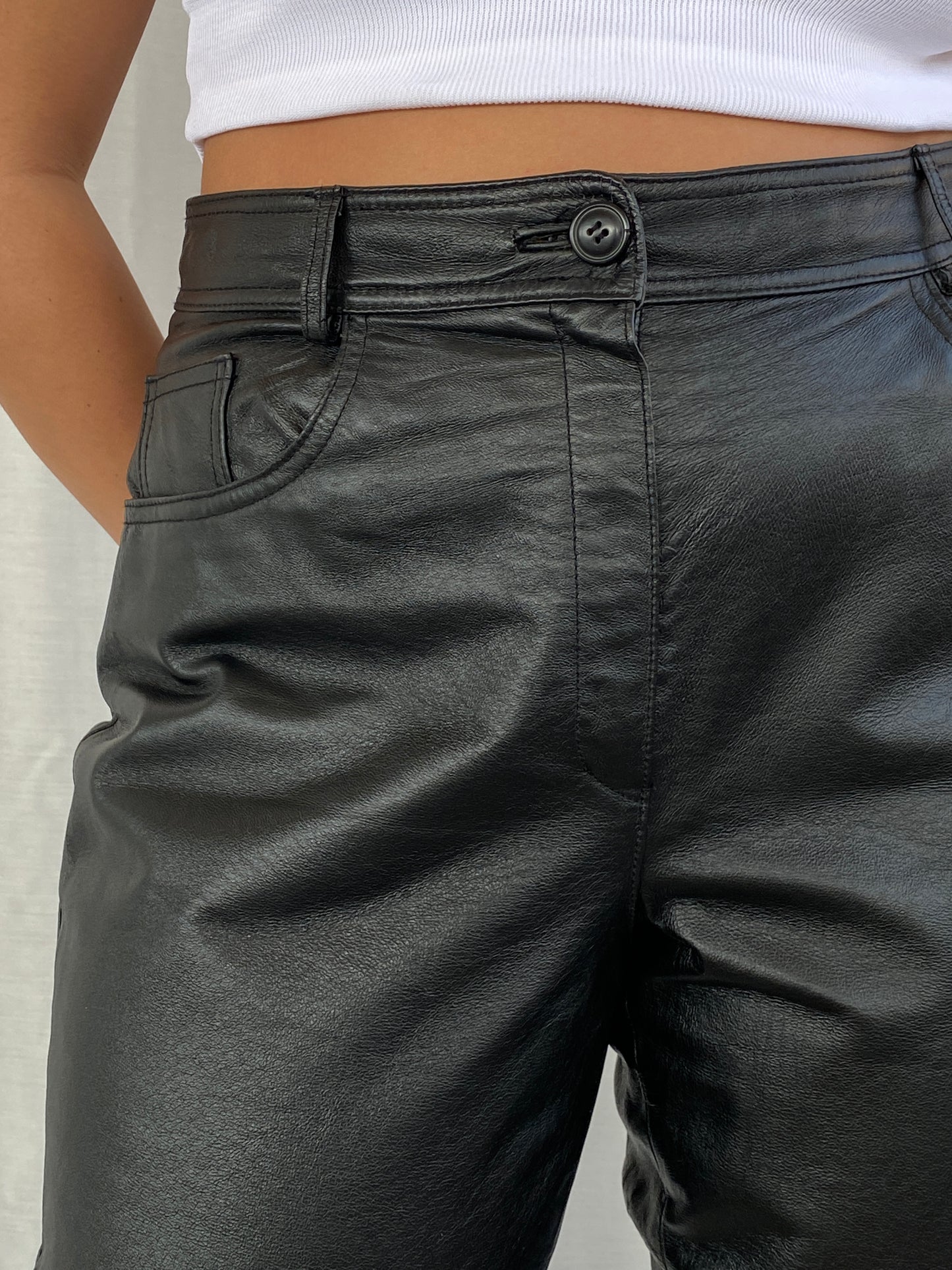 Vintage Black Genuine Leather Bikers High Rise Pants - L